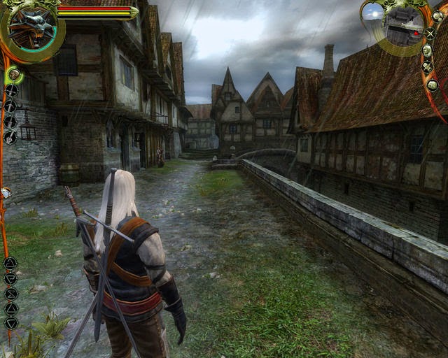 Geralt of Rivia, standing by a canal in the Temple Quarter of Vizima