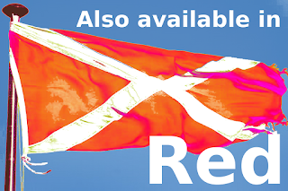 Red saltire, with the text 'Also available in Red'