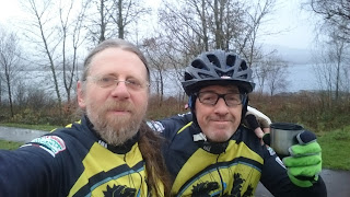 Myself and Andrew at Clatteringshaws — with coffee!