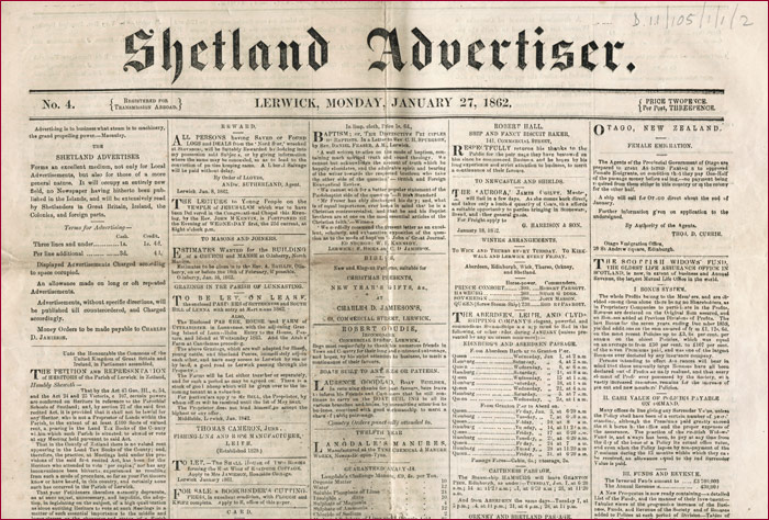 Front page from 'The Shetland Advertiser', January 27th 1862