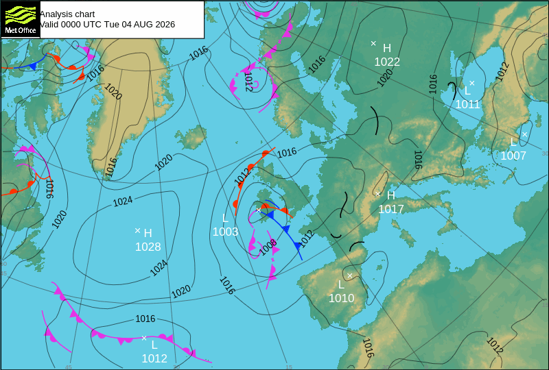 Isobar chart, UK, 04/08/2026; data MetOffice