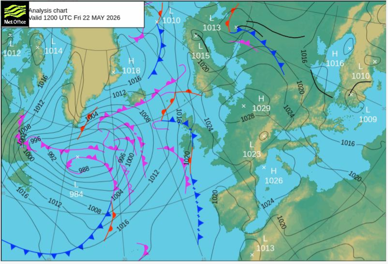 Isobar chart, Atlantic, 22/05/2026; data MetOffice