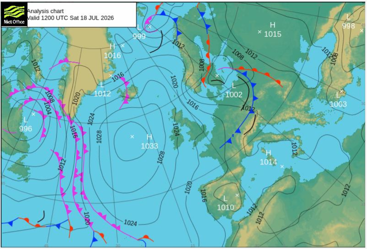Isobar chart, Atlantic, 18/07/2026; data MetOffice