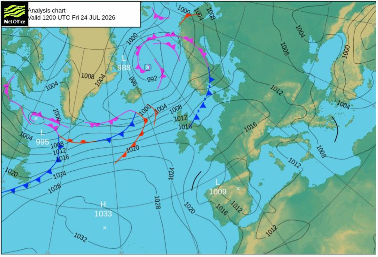 Isobar chart, Atlantic, 24/07/2026; data MetOffice