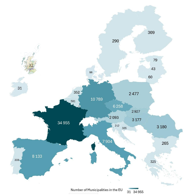 Map of EU showing the number of local governments in each country
