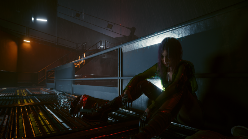Songbird, sitting, collapsed in exhaustion and sickness, on the roof of the spaceport in Night City towards the end of Phantom Liberty