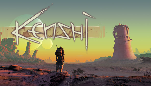 Kenshi: a traveller stands on a desert plain; in the background, a ruined tower. In the evening sky above, a planet with a moon are seen.
