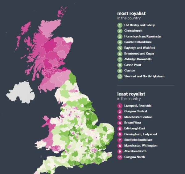 Map of the UK, with monarchist constituencies coloured green, and republican, pink. The border is particularly stark