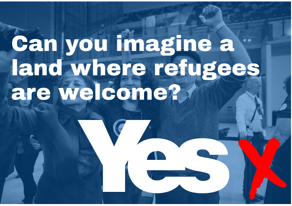 White text, 'Can you imagine a land where refugees are welcome? Yes!' over a blue toned monochrome image showing Roza Salih, Kurdish refugee, being elected as a Glasgow City councillor.