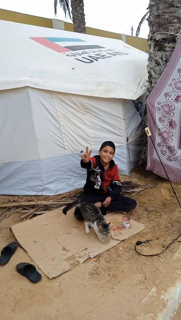 A young boy sits on a flattened cardboard box outside a square white tent. He grins and makes a peace sign towards the camera. A cat sits beside him.