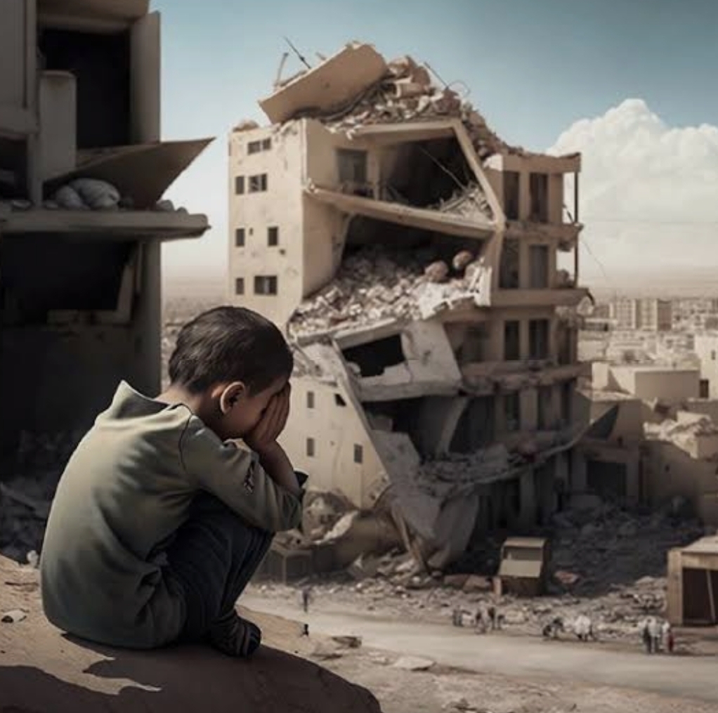 A child looks in despair at ruined buildings